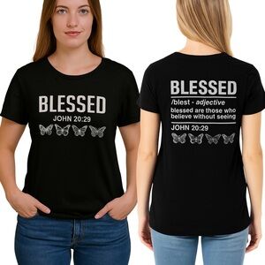 Blessed Bible Verse Cotton Short Sleeve Butterfly Christian Faith Black Shirt 1X